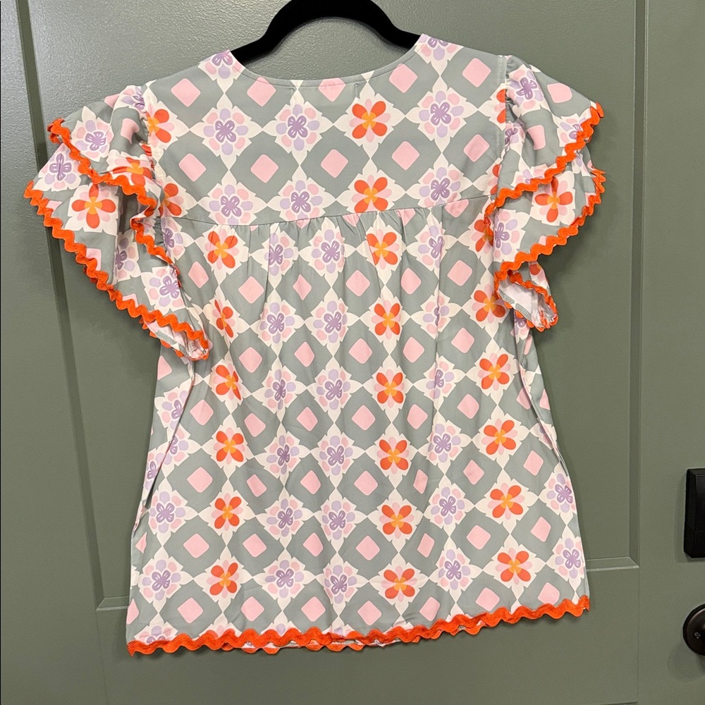 Floral Geo Puff-Sleeve Top in Sage & Orange - Picture 7 of 7